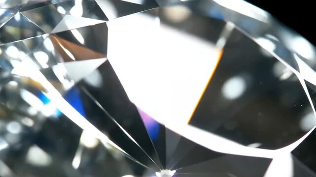 Light passing through the facets of a slowly rotating diamond, creating repetitive sparkling highlights and vivid rainbow dispersion. Macro crystal refraction, prismatic flares, and shimmering caustic