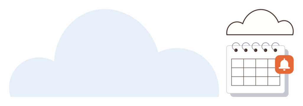 Large cloud and calendar with notification bell, symbolizing cloud storage, reminders, and digital organization. Ideal for productivity, scheduling, alerts, technology, cloud computing time