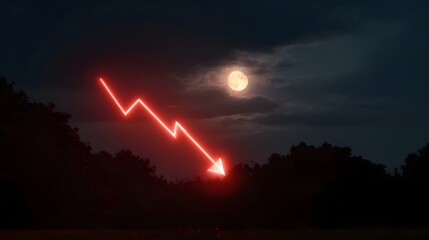 A red neon graph line with an arrow points downwards against a dark night sky with a full moon and clouds symbolizing decline
