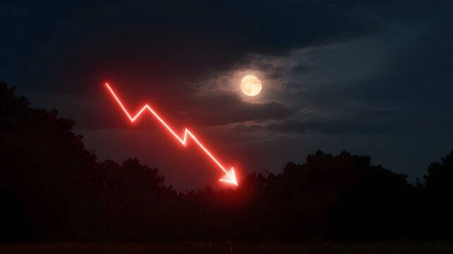 A red neon graph line with an arrow points downwards against a dark night sky with a full moon and clouds symbolizing decline