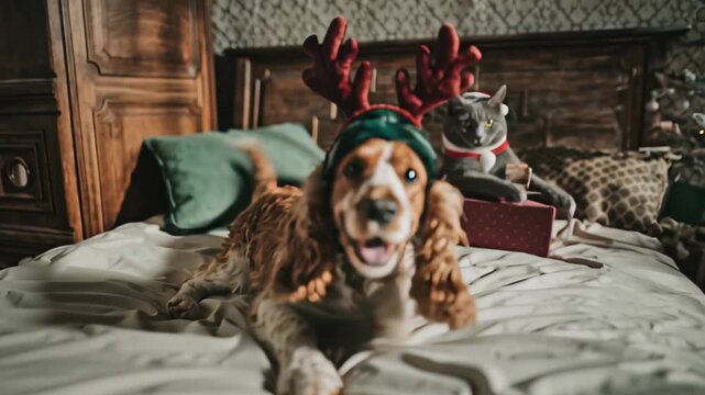 Festive cocker spaniel with antlers relaxing on cozy bed in Christmas setting