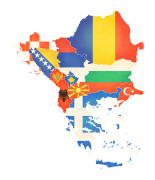 Isolated map of Balkan countries with flags in soft grunge and vintage style.