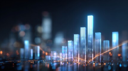 Tall data bars rising and falling under city lights at night. The environment reflects a futuristic cityscape with glowing elements in the background