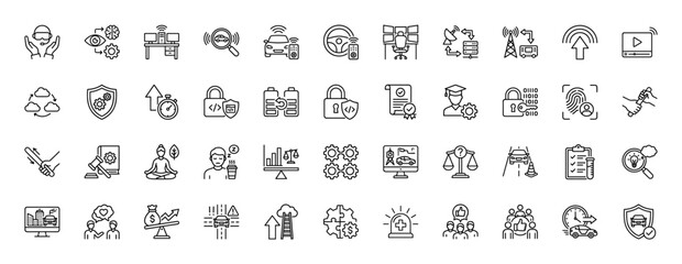 Fototapeta premium Smart car and self-driving technology line icon set. Vector pictograms of autonomous vehicle, artificial intelligence, safety, and data security, thin linear illustration.