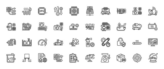 Fototapeta premium Technology and engineering line icon set. Vector pictograms of thermal management systems, electric vehicles, performance monitoring, and quality control, thin linear illustration.