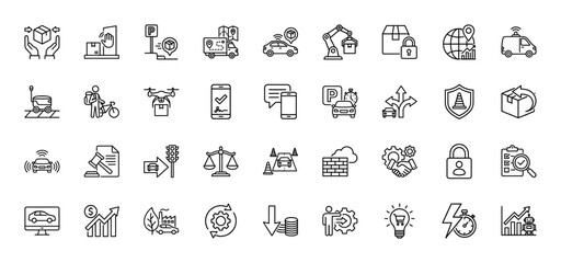 Logistics and smart delivery line icon set. Vector pictograms of shipping, transport, tracking, and warehouse automation, thin linear illustration.