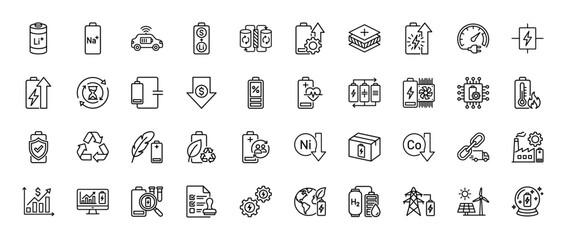 Battery technology line icon set. Vector pictograms of lithium, sodium, recycling, charging, energy storage, and electric vehicle power, thin linear illustration.