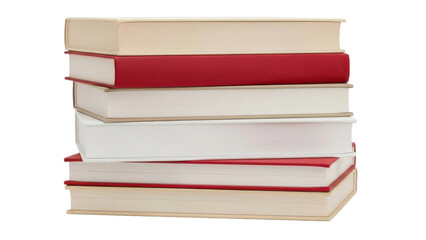 Stack of hardcover books in cream, red, and white