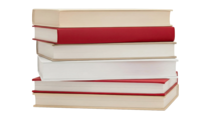 Stack of hardcover books in cream, red, and white