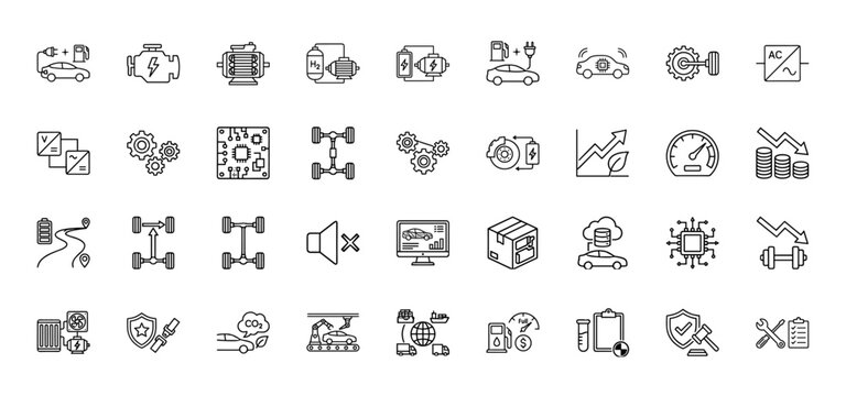 Automotive engineering and electric vehicle line icon set. Vector pictograms of batteries, charging, engines, chassis, and efficiency, thin linear illustration.