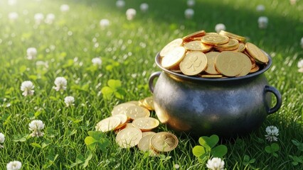Traditional black iron pot overflowing with gold coins featuring shamrocks, resting in lush green grass and clover under soft natural sunlight. Classic St. Patrick's Day imagery.