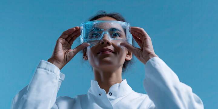 Woman examines holographic interface through transparent futuristic augmented reality eyewear. - Powered by Adobe