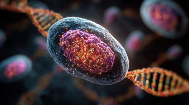 A cell is shown with a prominent nucleus at the center. DNA strands are visible in the background. This scene illustrates the core elements of cellular biology in a detailed manner