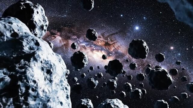 Dynamic asteroid field drifting in deep space, perfect for sci-fi visuals or educational content about astronomy and the solar system