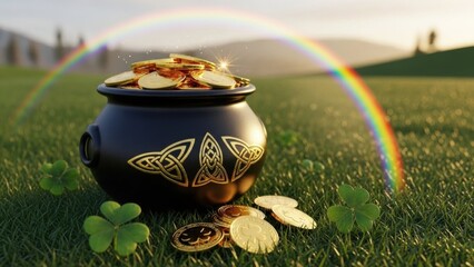 St. Patrick's Day landscape with black pot of gold coins under bright rainbow on green grass field. Irish holiday symbol of luck and wealth for fantasy background or greeting card.