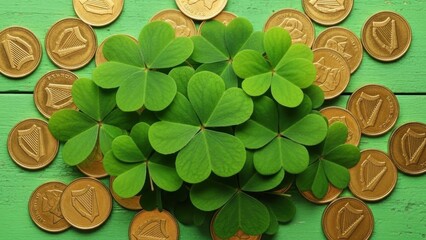 Overhead flat lay of a cluster of vibrant green clovers and shamrocks surrounded by golden Irish harp coins on a bright green wooden background. Great for banners.
