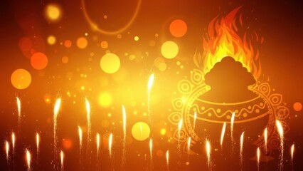 Traditional Bhogi Pongal bonfire background with silhouette of holy pot and big fire flames. Golden festival celebration concept with rising sparks and warm bokeh lights for religious design.