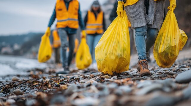 Several people walk along the beach holding yellow bags filled with trash. They wear bright vests and gloves while working together to keep the shore clean