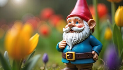 Obraz premium Garden gnome standing among colorful tulips in spring garden 
