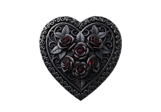 Ornate black heart frame with dark roses, gothic romantic Victorian decorative design, isolated on a transparent background - Powered by Adobe