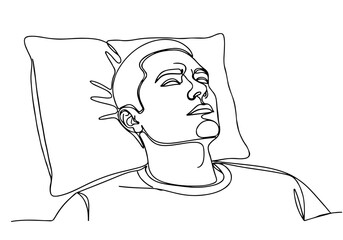 Continuous line art drawing style illustration of a man resting peacefully on a pillow, minimalist graphic design