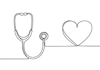 Elegant continuous line art drawing style illustration featuring a medical stethoscope connected to a healthy heart, symbolizing health and wellness