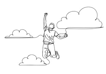 Dynamic continuous line art drawing style illustrating a person's triumphant leap among clouds