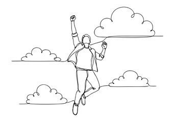Celebrate success with this vibrant continuous line art drawing style capturing a joyful person leaping towards the sky amidst clouds