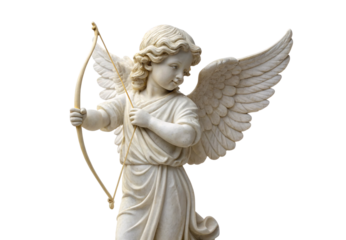 Classical marble cupid angel statue holding bow and arrow, isolated on a transparent background