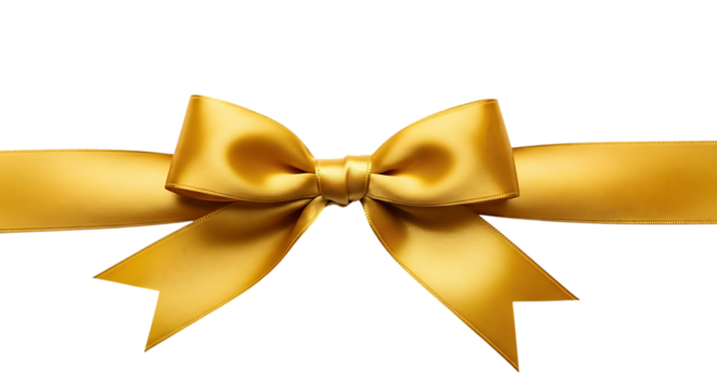 Golden satin ribbon bow isolated on transparent background