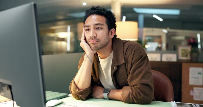 Bored, reading and computer with business man in office for article burnout, research and night. Overworked, writers block and journalist deadline for person thinking with exhausted and fatigue
