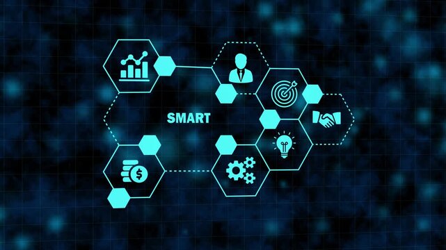 Digital concept illustrating the smart goals framework with interconnected hexagonal icons representing specific, measurable, achievable, relevant, and timebound objectives against a dark background.