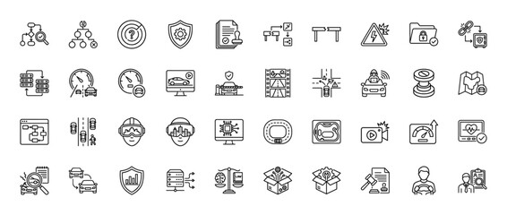 Fototapeta premium Autonomous driving and vehicle technology line icon set. Vector pictograms of sensors, lidar, algorithm, simulation, insurance, legal, and gps, thin linear illustration.