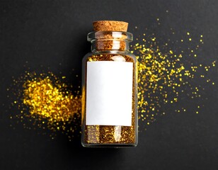 Golden glitter in a glass bottle with a blank label on a dark background