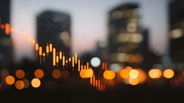 A declining financial graph superimposed on a blurred cityscape at dusk featuring prominent bokeh lights