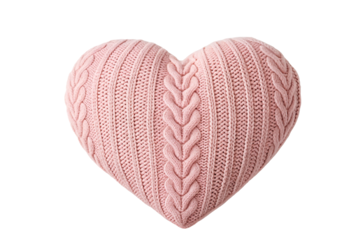 Blush pink cable knit heart cushion with textured pattern, isolated on a transparent background - Powered by Adobe
