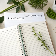 Fresh Herbs and Notebook with Plant Notes on White Table