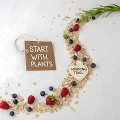 A path of oats and berries with text on white surface