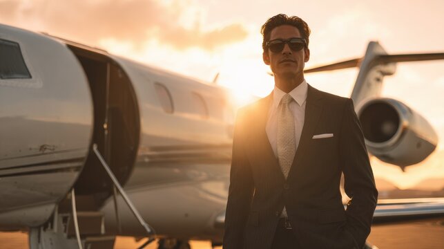 A businessman wearing a suit stands next to a private jet at an airfield. The sun sets in the background, creating a warm glow. The scene shows luxury travel and professionalism - Powered by Adobe