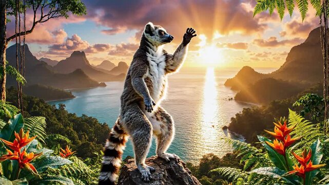 Standing ring-tailed lemur waving on tropical cliff at sunset