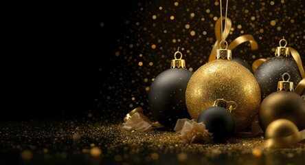 Luxurious Christmas background, macro photography of textured gold and matte black Christmas baubles, elegant arrangement, scattered gold dust and sequins, deep depth of field, cinematic lighting, dar