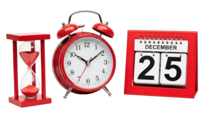 Red hourglass, alarm clock, and calendar mark Christmas