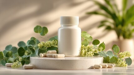 A white bottle with health supplements sits on a stone platform. Surrounding the bottle are green leaves and capsules. The light creates soft shadows, enhancing the natural setting