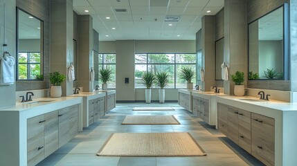 Professional washroom in a corporate setting with modern design elements neutral tones efficient layout and thoughtful amenities creating a welcoming atmosphere