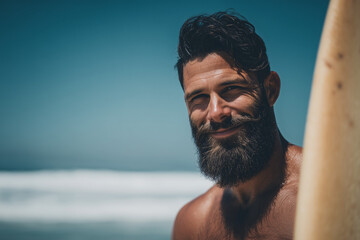 Close up portrait of a handsome bearded surfer

