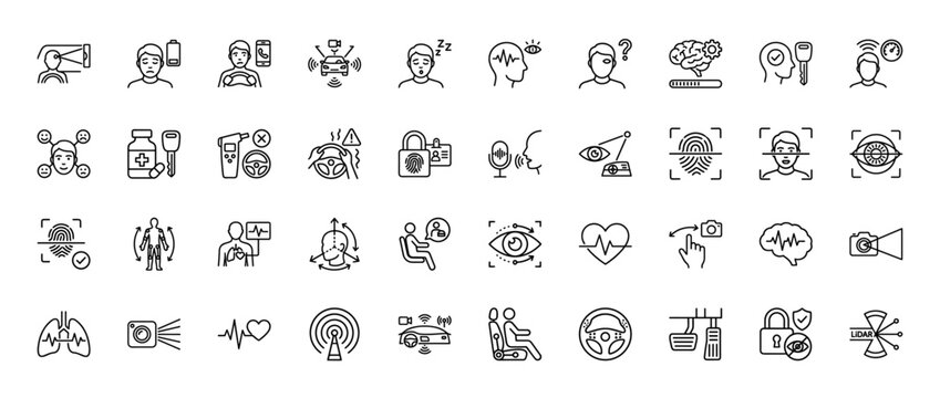 Automotive biometrics and driver safety line icon set. Vector pictograms of drowsiness, eye tracking, fingerprint, and vital signs, thin linear illustration.