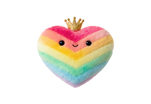 Rainbow striped plush heart pillow with cute smile and golden crown, isolated on a transparent background - Powered by Adobe