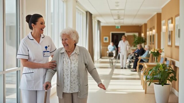Caring nurse assists elderly woman walking down hallway in care home.