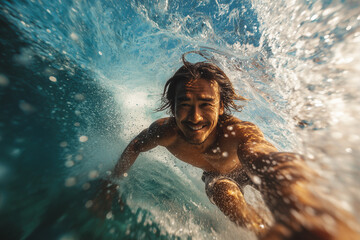 Asian man surfing a wave 