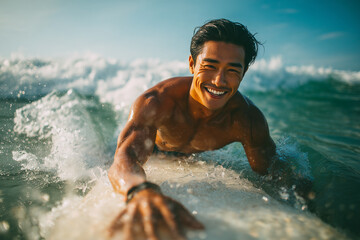 Handsome Asian man on a surf board 